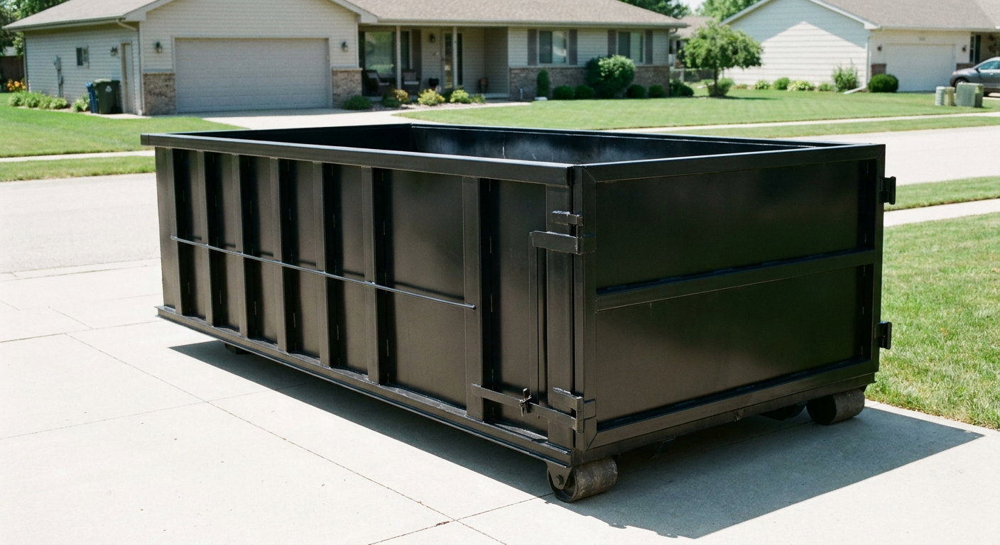 Matte-black 10-yard roll-off dumpster on a residential concrete driveway in Farmington Hills, uniformly painted matte black across every panel and rail, ribbed steel sidewalls and rear swing door visible, mid-day daylight.