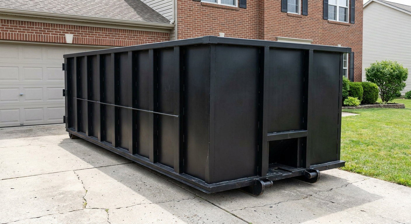 Matte-black 20-yard roll-off container on a Farmington Hills residential concrete driveway with reinforced ribbed steel sidewalls and a hinged rear walk-in door, clean bright daylight.
