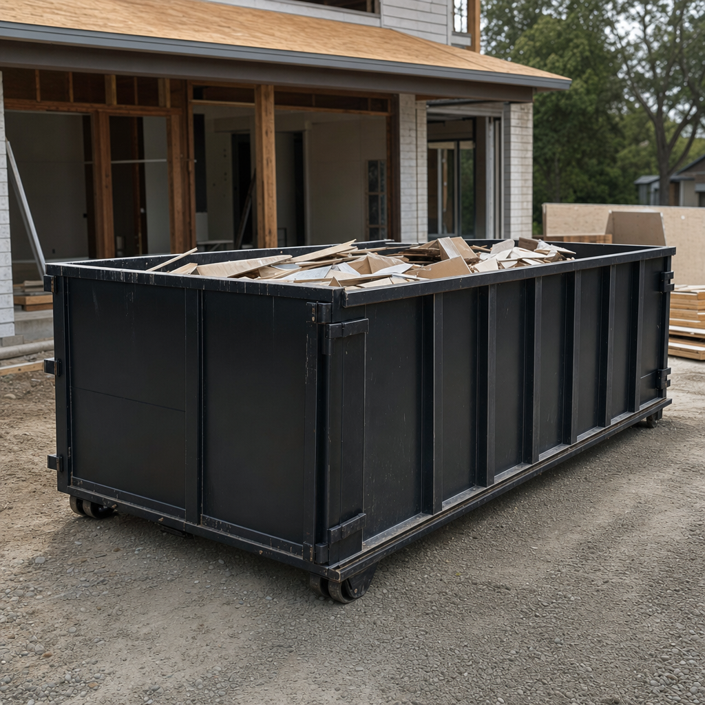 Large matte-black 30-yard construction roll-off dumpster at an active Farmington Hills jobsite, steel-gray top rails and bottom rollers visible, loaded with construction debris.