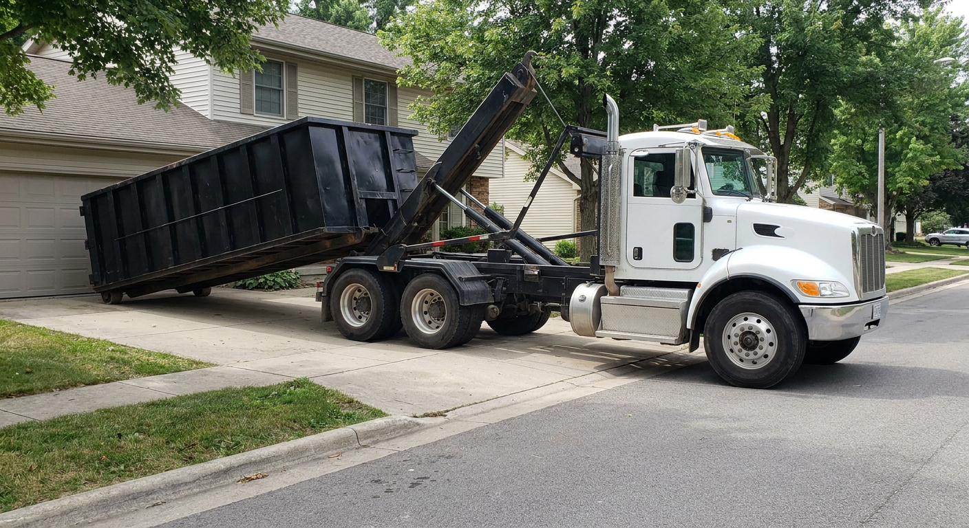 White-cab hooklift roll-off truck actively lowering a matte-black dumpster onto a Farmington Hills residential concrete driveway, the dumpster's rear wheels touching the driveway as the hoist arm tilts the bed forward, mid-morning daylight.